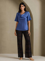 [Real Teal] SilkSilky-AU Short Sleeve Cowl Neck Women's Blouse 006
