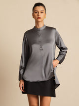 [Dark Gray] SilkSilky-AU 19Momme Stretch Silk Charmeuse Long Sleeve Stand Collar Blouse 001