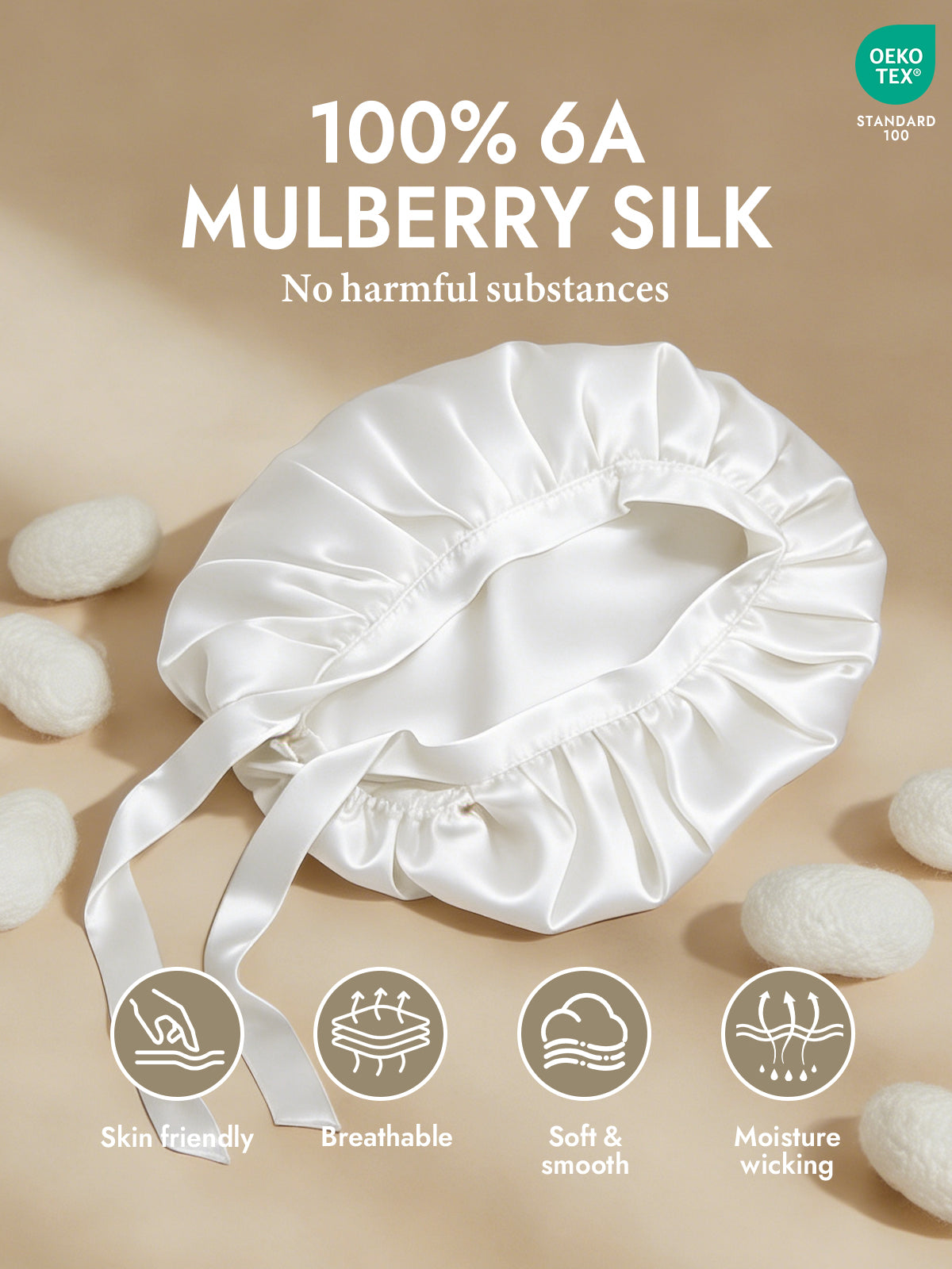 [White] SilkSilky-AU Pure Silk Sleep Cap 002