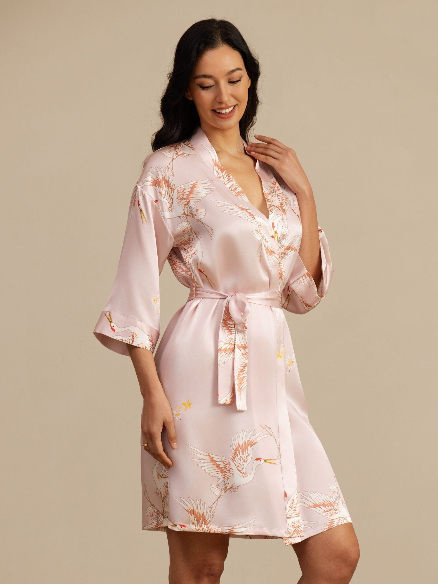 [Pink] SilkSilky-AU 19Momme 3/4 Sleeve Women's Dressing Gown 007