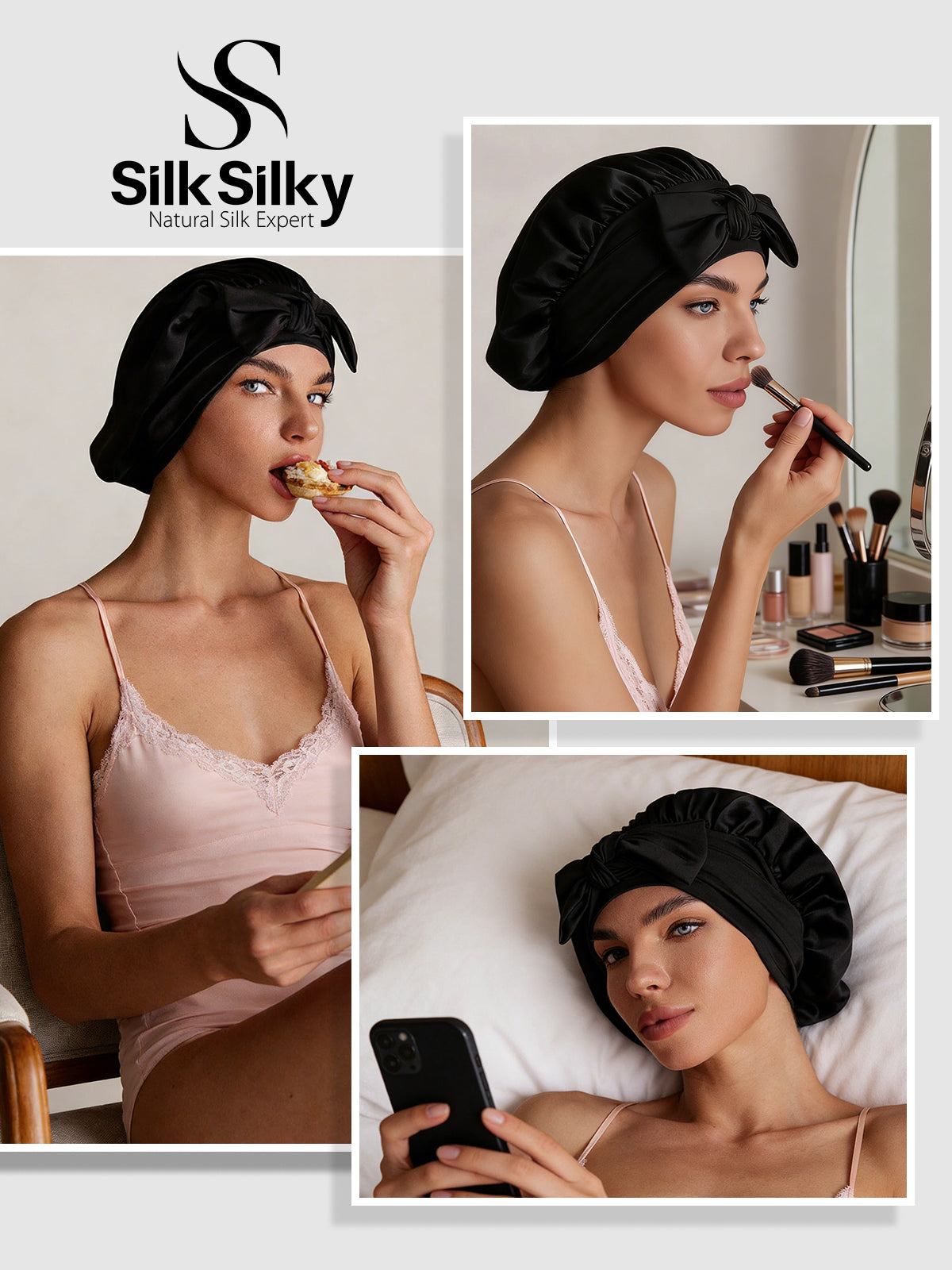 [Black] SilkSilky-AU Pure Silk Sleep Cap 005