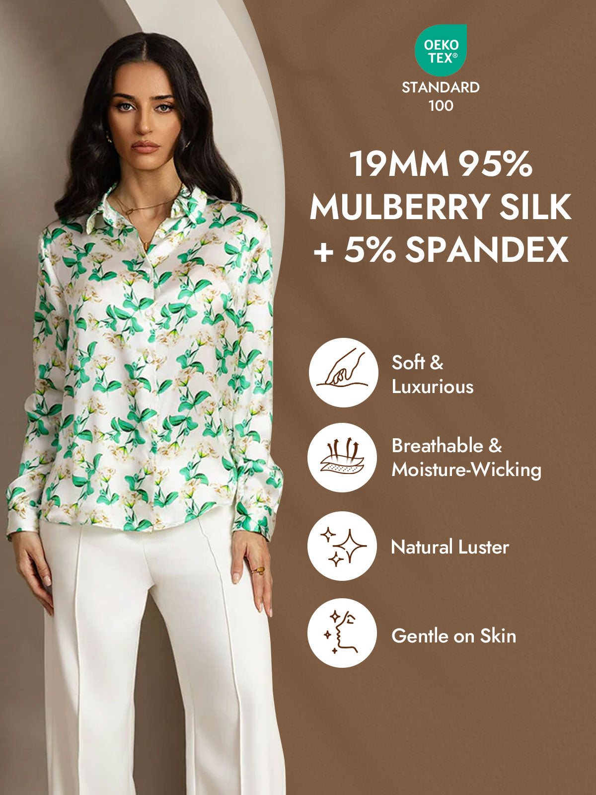 [Green Floral] SilkSilky-AU Silk Long Sleeve Lapel Collar Women's Shirt 004