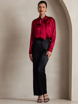 [Wine] SilkSilky-AU 19Momme Stretch Silk Charmeuse Long Sleeve Tie Neck Blouse 006
