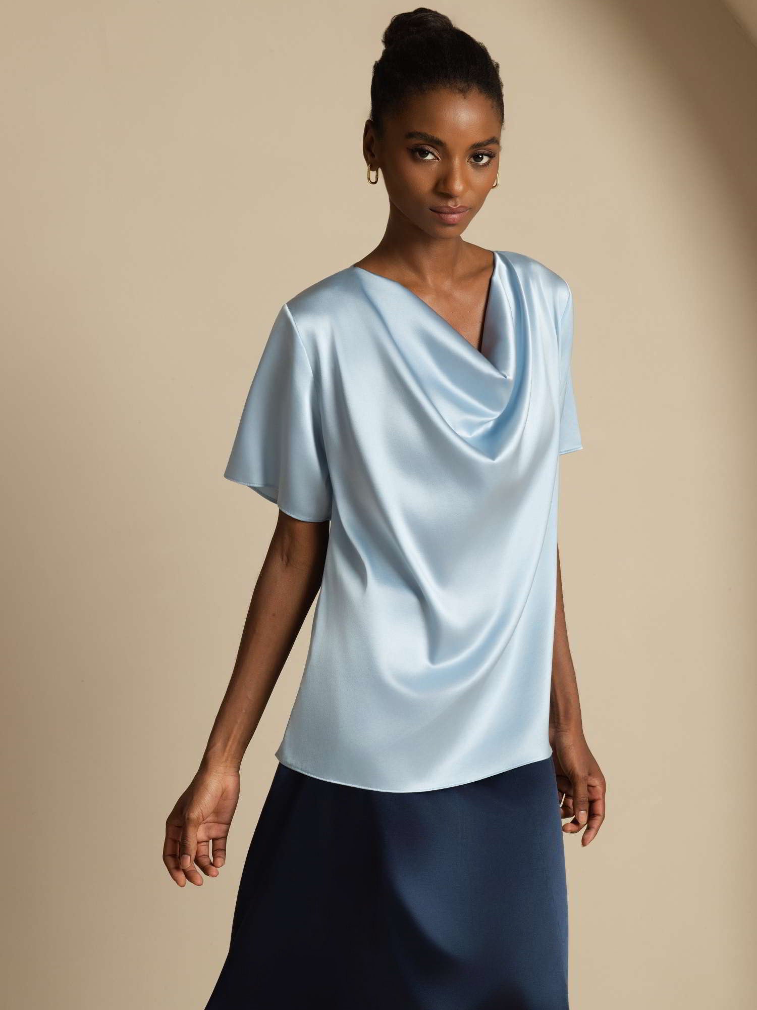 [Grayish Blue] SilkSilky-AU 19Momme Silk Short Sleeve Cowl Neck Blouse 005