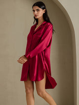 [Wine] SilkSilky-AU Long Sleeve Lapel Collar Nightshirt 001