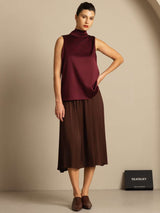 [Dark Red] SilkSilky-AU 19Momme Stretch Silk Charmeuse Sleeveless High Neck Blouse 009