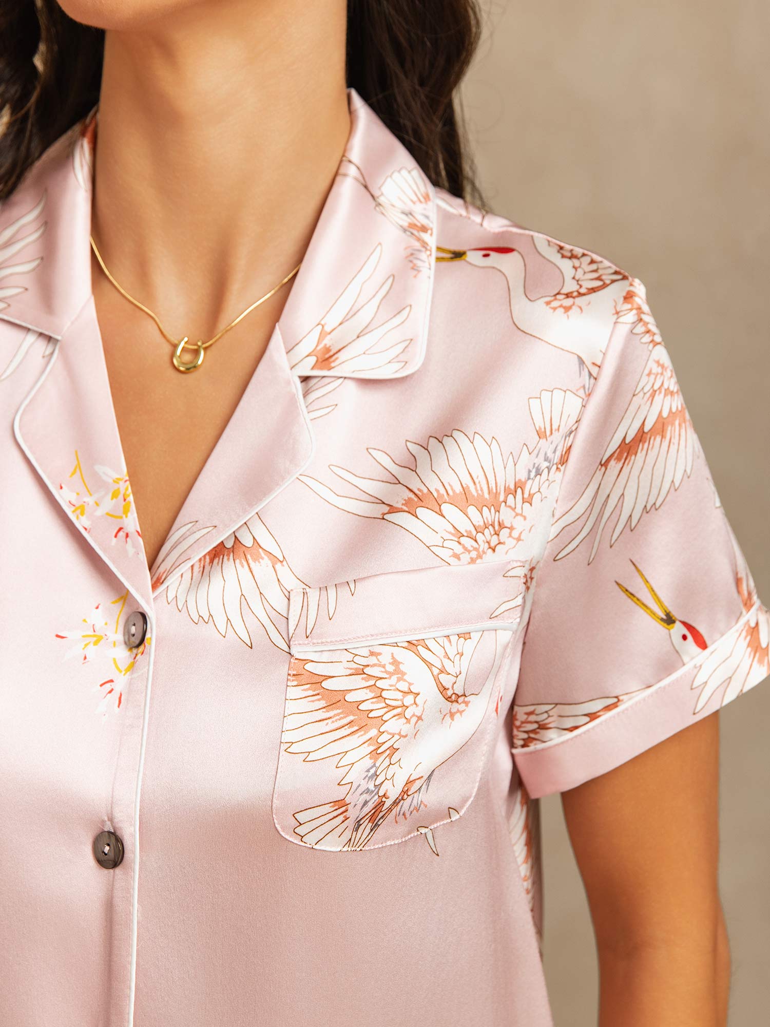 [Pink] SilkSilky-AU 19Momme Pure Silk Short Sleeve Notch Collar Women's Pyjamas 004