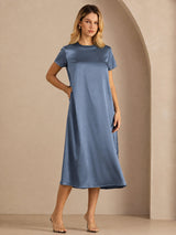 [Real Teal] SilkSilky-AU Short Sleeve Crew Neck Dress 001
