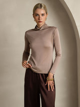 [Khaki] SilkSilky-AU Silk Jersey Long Sleeve Turtle Neck Women's T-Shirt 001