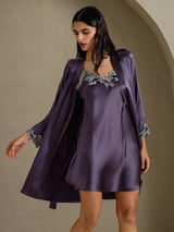 [Purple Gray] SilkSilky-AU 3/4 Sleeve V Neck Nightgown&Dressing Gown Set 001