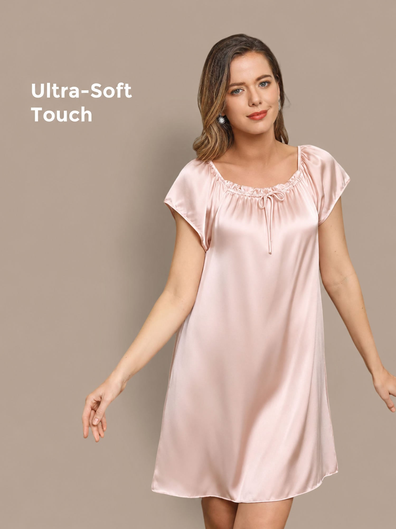 [Light Pink] SilkSilky-AU Cap Sleeve Square Neck Nightgown 001