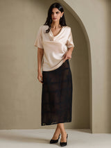 [Beige] SilkSilky-AU Short Sleeve Cowl Neck Women's Blouse 007