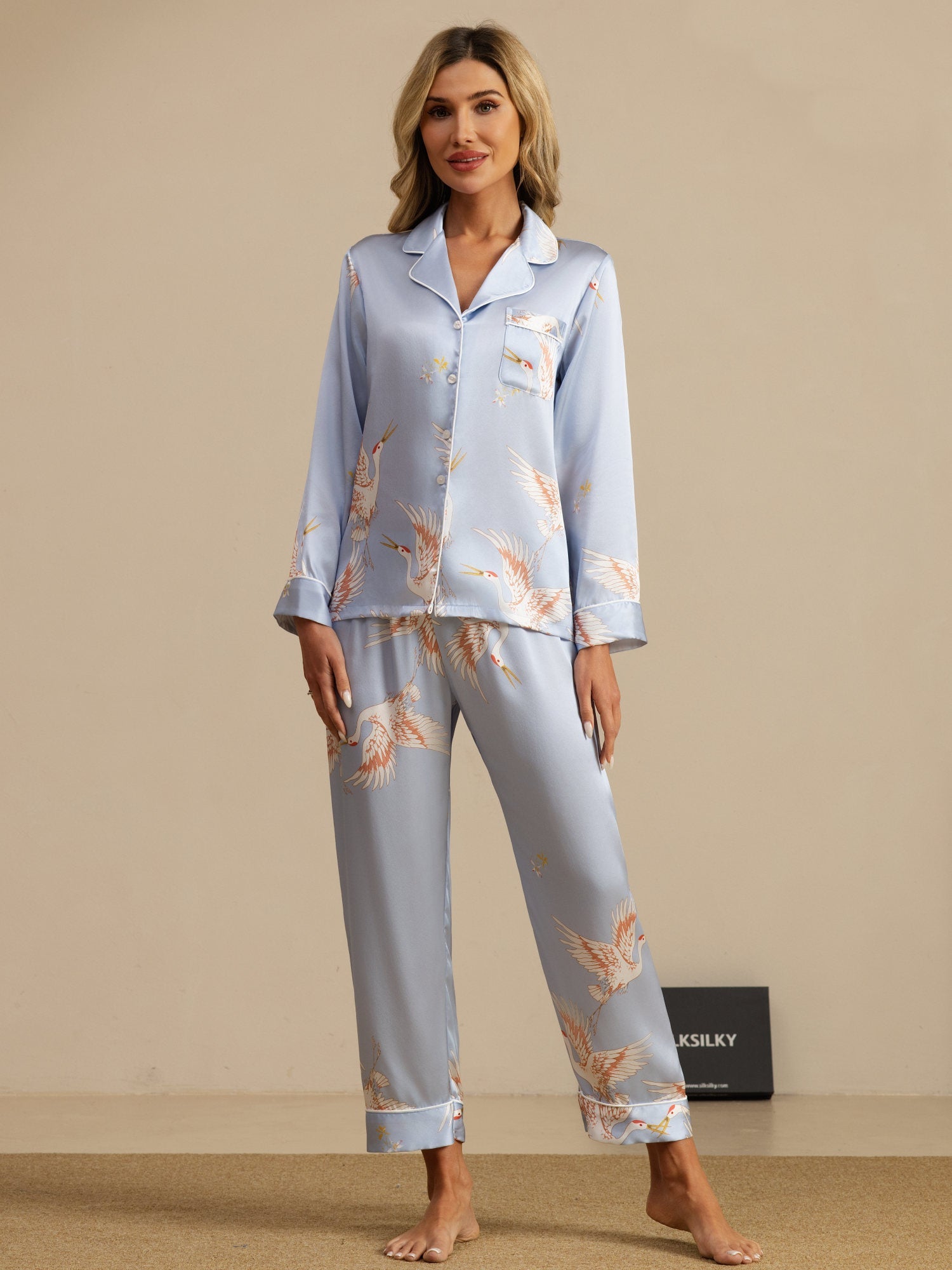 [Light Blue] SilkSilky-AU 19Momme Long Sleeve Notch Collar Women's Pyjamas 001