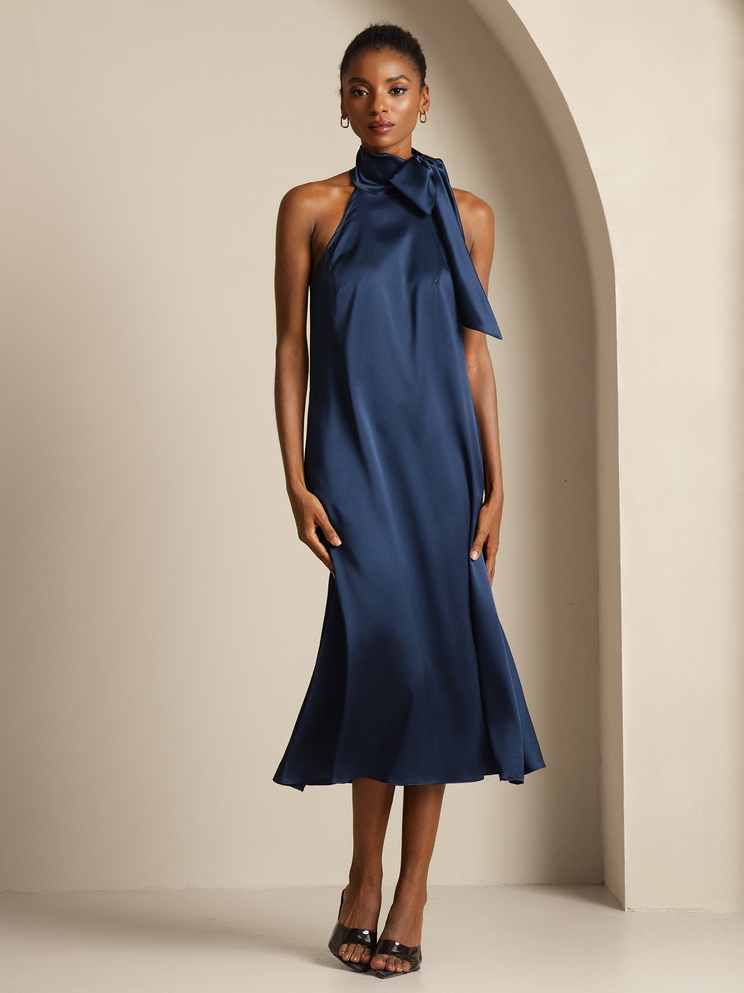 [Dark Blue] SilkSilky-AU 19Momme Silk Sleeveless Tie Neck Dress 001