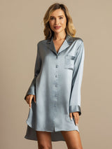 [Grayish Blue] SilkSilky-AU Long Sleeve Lapel Collar Nightshirt 001