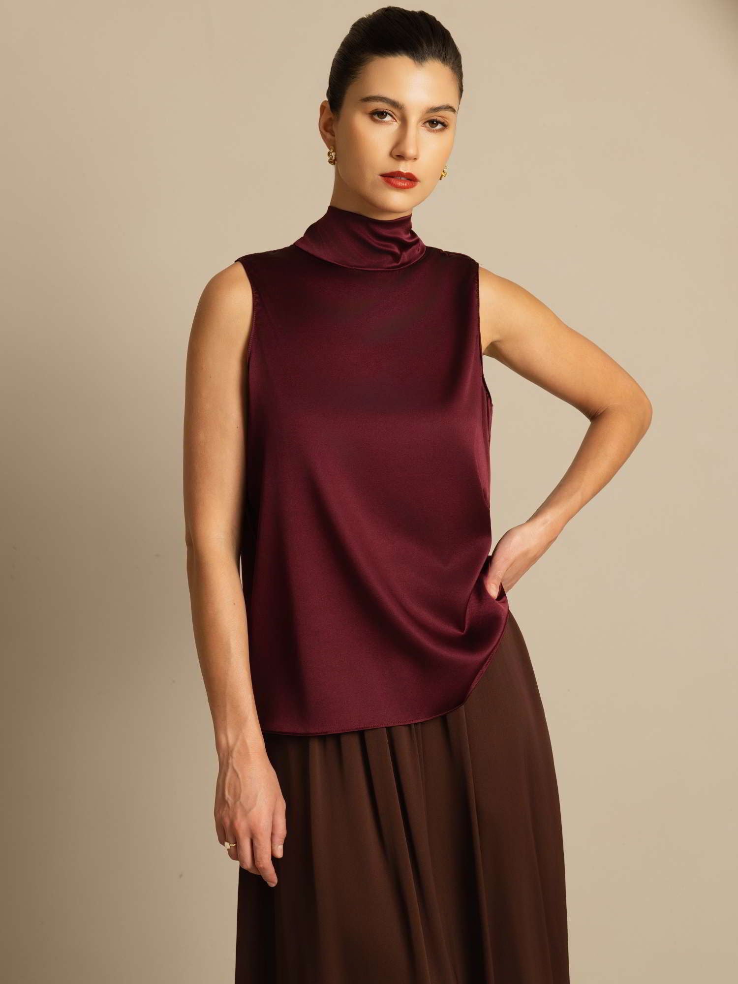 [Dark Red] SilkSilky-AU 19Momme Stretch Silk Charmeuse Sleeveless High Neck Blouse 001