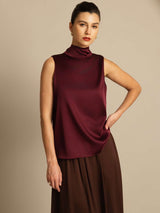 [Dark Red] SilkSilky-AU 19Momme Stretch Silk Charmeuse Sleeveless High Neck Blouse 001