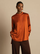 [Caramel] SilkSilky-AU 19Momme Stretch Silk Charmeuse Long Sleeve Stand Collar Blouse 001