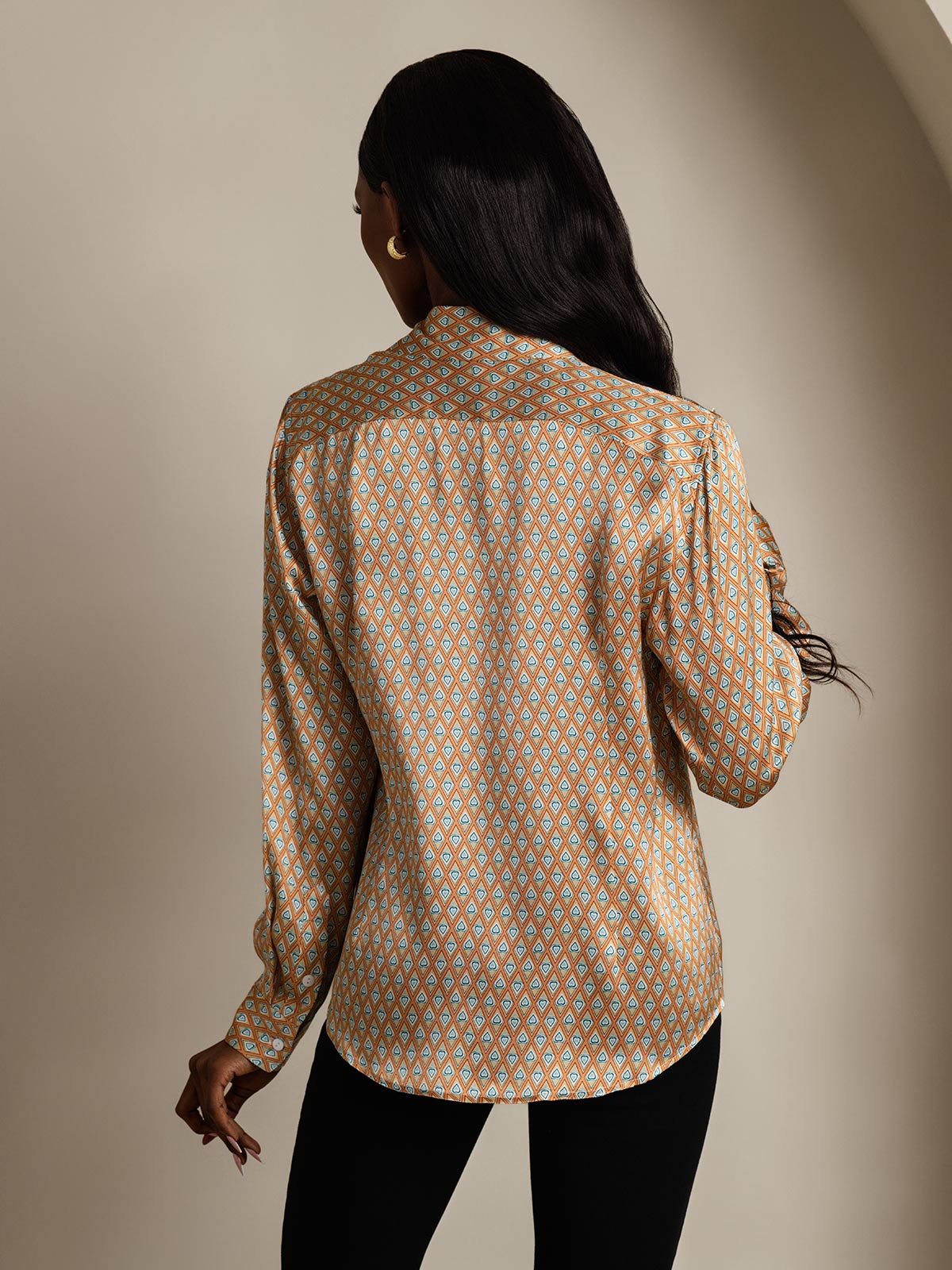 [Floral] SilkSilky-AU 19Momme Stretch Silk Charmeuse Long Sleeve Lapel Collar Women's Shirt 002