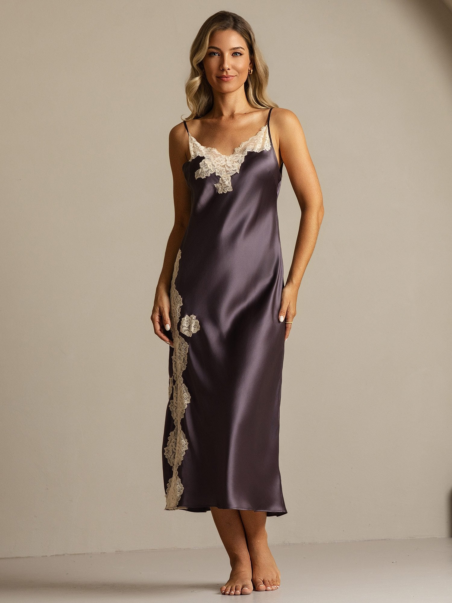[PurpleGray] SilkSilky-AU Pure Silk Split Nightgown 008