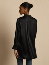 [Black] SilkSilky-AU 19Momme Stretch Silk Charmeuse Long Sleeve Stand Collar Blouse 002