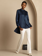 [Dark Blue] SilkSilky-AU 19Momme Stretch Silk Charmeuse Long Sleeve Stand Collar Blouse 001
