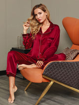 [Wine] SilkSilky-AU Long Sleeve Lapel Collar Women's Pyjamas 008