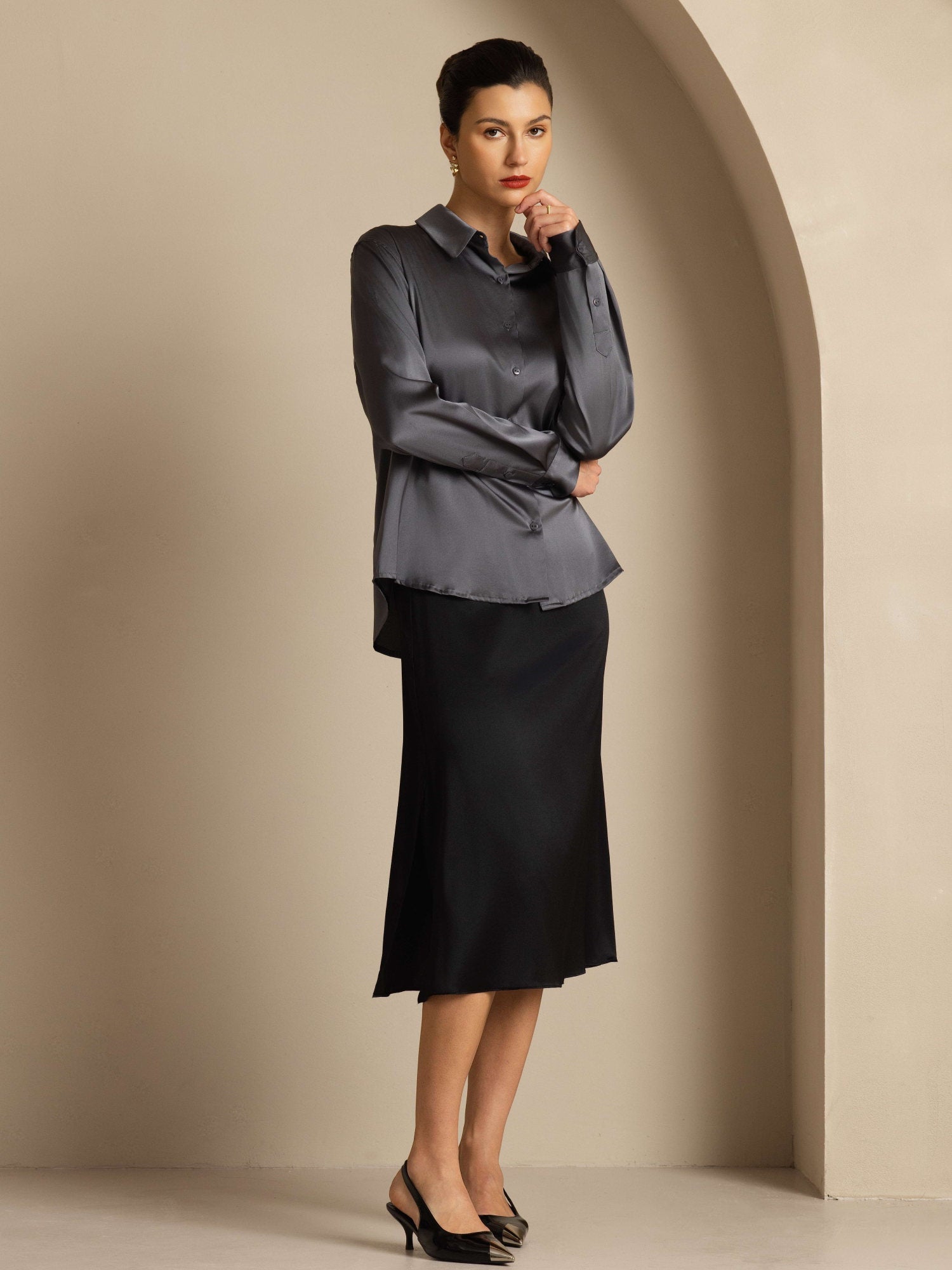 [Dark Gray] SilkSilky-AU 19Momme Stretch Silk Charmeuse Long Sleeve Lapel Collar Women's Shirt 001