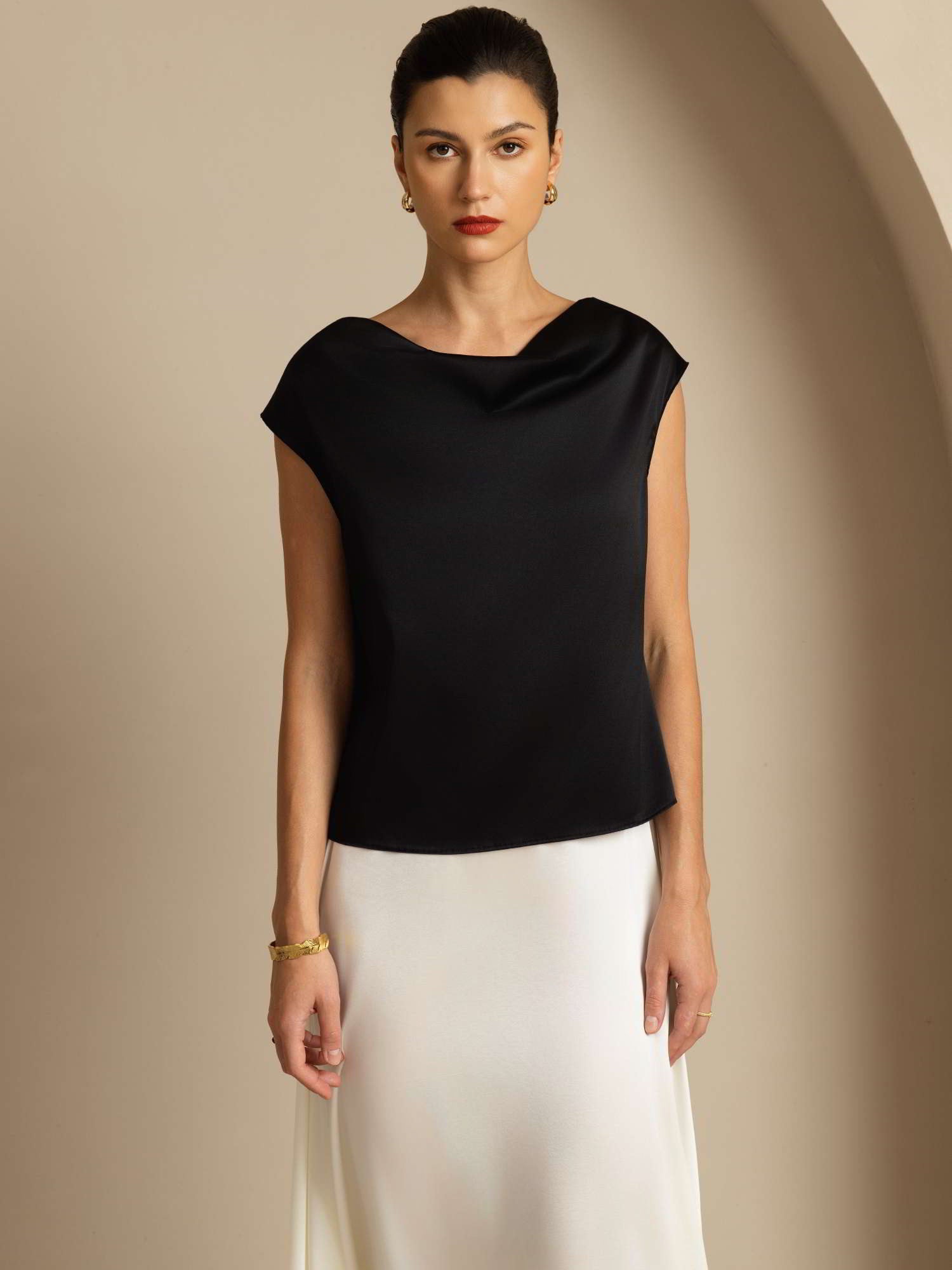 [Black] SilkSilky-AU 19Momme Silk Sleeveless Cowl Neck Women's T-Shirt 004