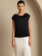 [Black] SilkSilky-AU Cap Sleeve Cowl Neck Women's T-Shirt 004
