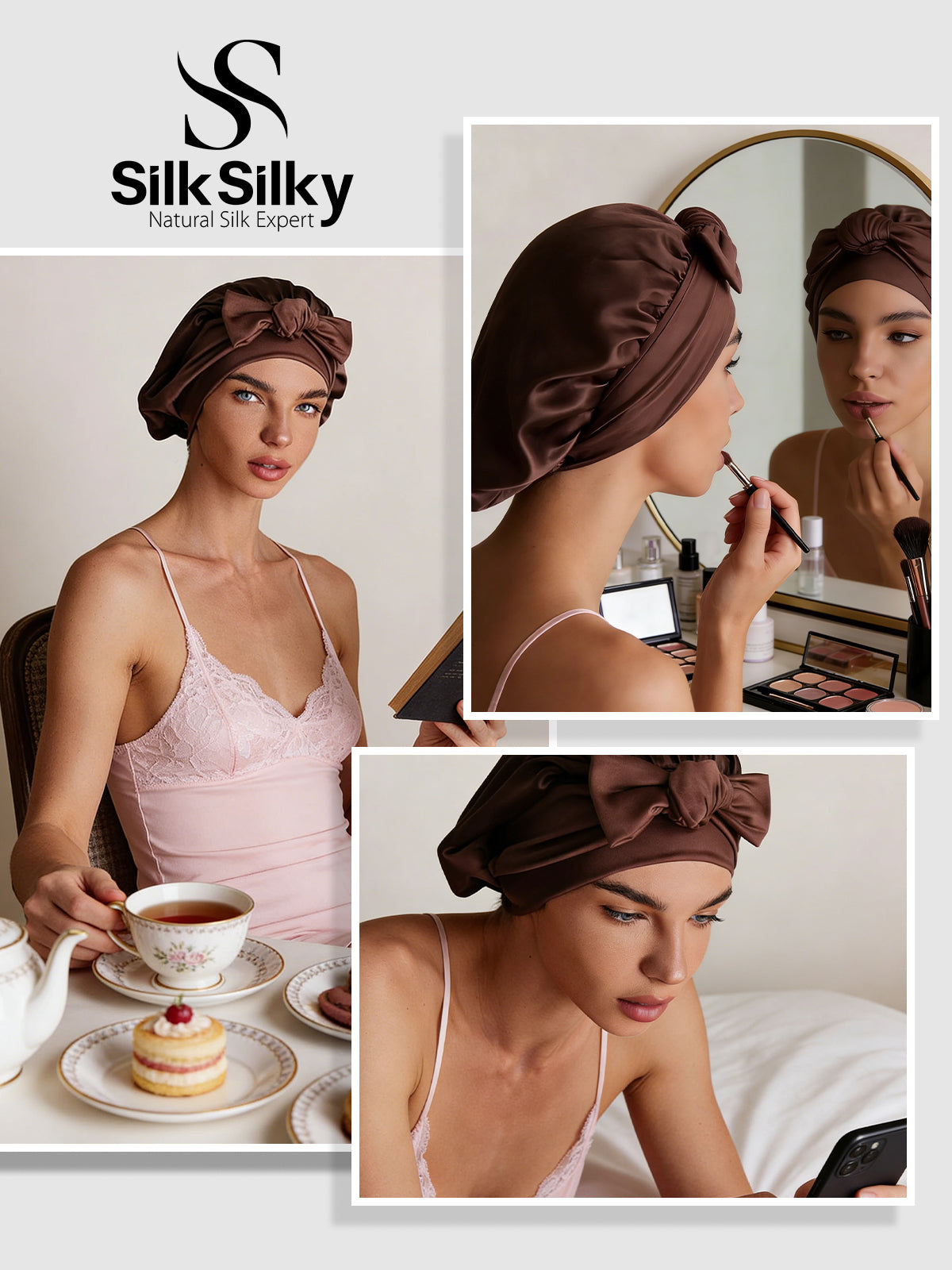 [Coffee] SilkSilky-AU Pure Silk Sleep Cap 005