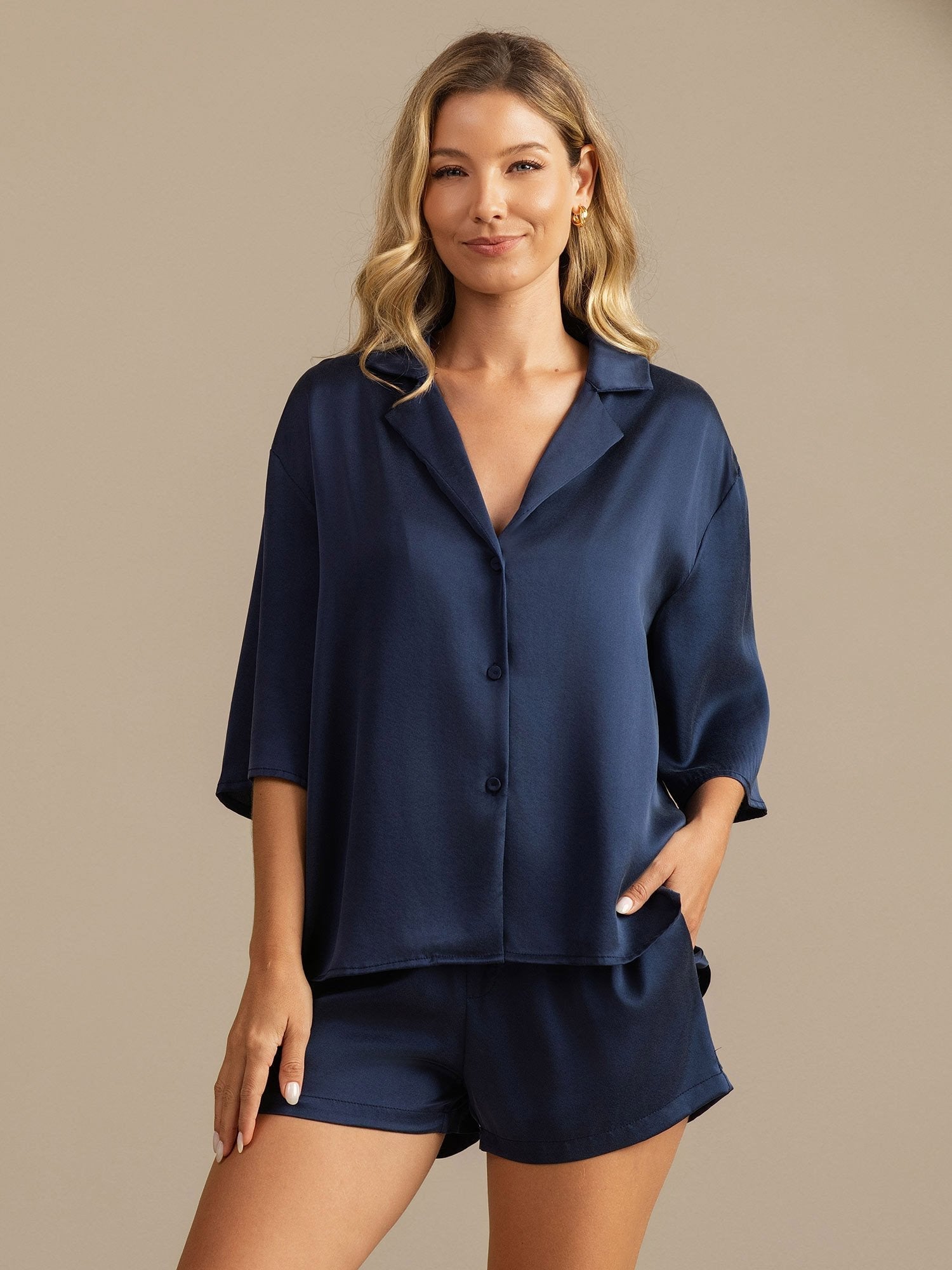 [Dark Blue] SilkSilky-AU 19Momme Pure Silk Collar Women's Pyjamas 001,