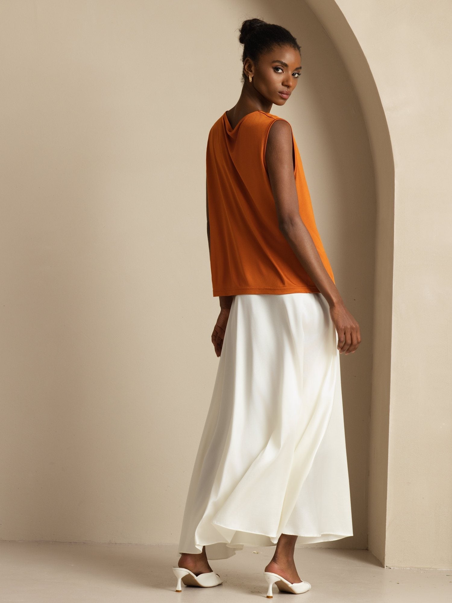 [Orange] SilkSilky-AU 100% Silk Jersey Sleeveless Cowl Neck Women's T-Shirt 002