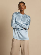 [Grayish Blue] SilkSilky-AU 19Momme Stretch Silk Charmeuse Long Sleeve Round Neck Blouse 004