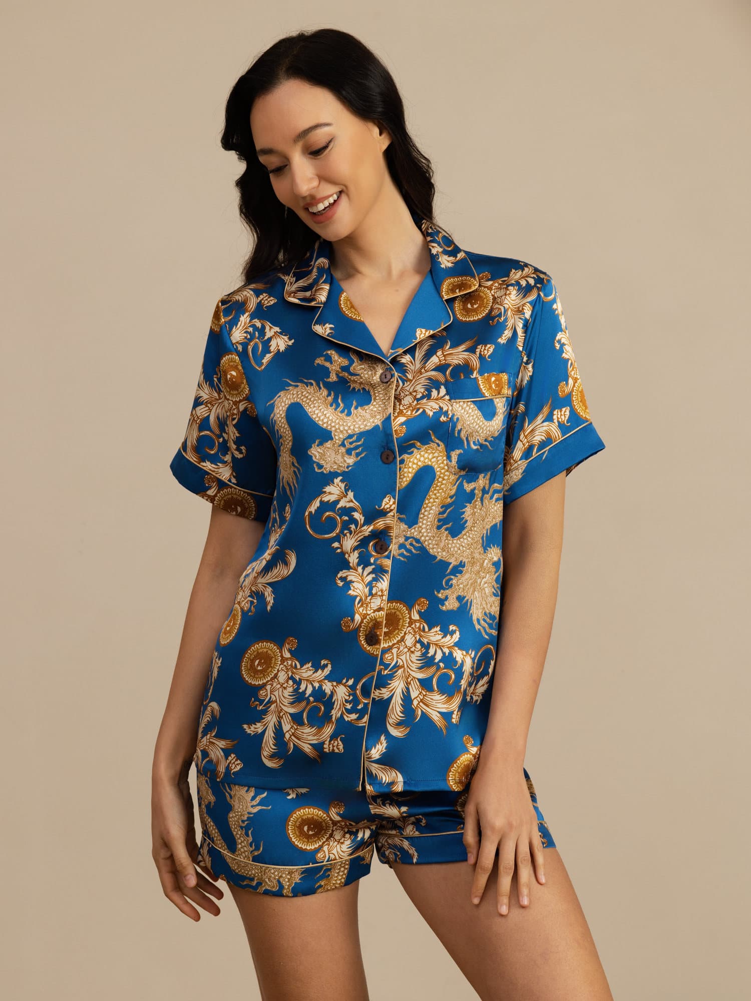 [Navy Dragon] SilkSilky-AU Short Sleeve Notch Collar Women's Pyjamas 001