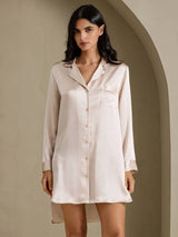 [Beige] SilkSilky-AU Long Sleeve Lapel Collar Nightshirt 003