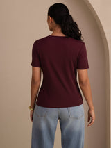 [Wine] SilkSilky-AU Short Sleeve V Neck Women's T-Shirt 002