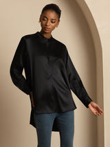 [Black] SilkSilky-AU 19Momme Stretch Silk Charmeuse Long Sleeve Stand Collar Blouse 005