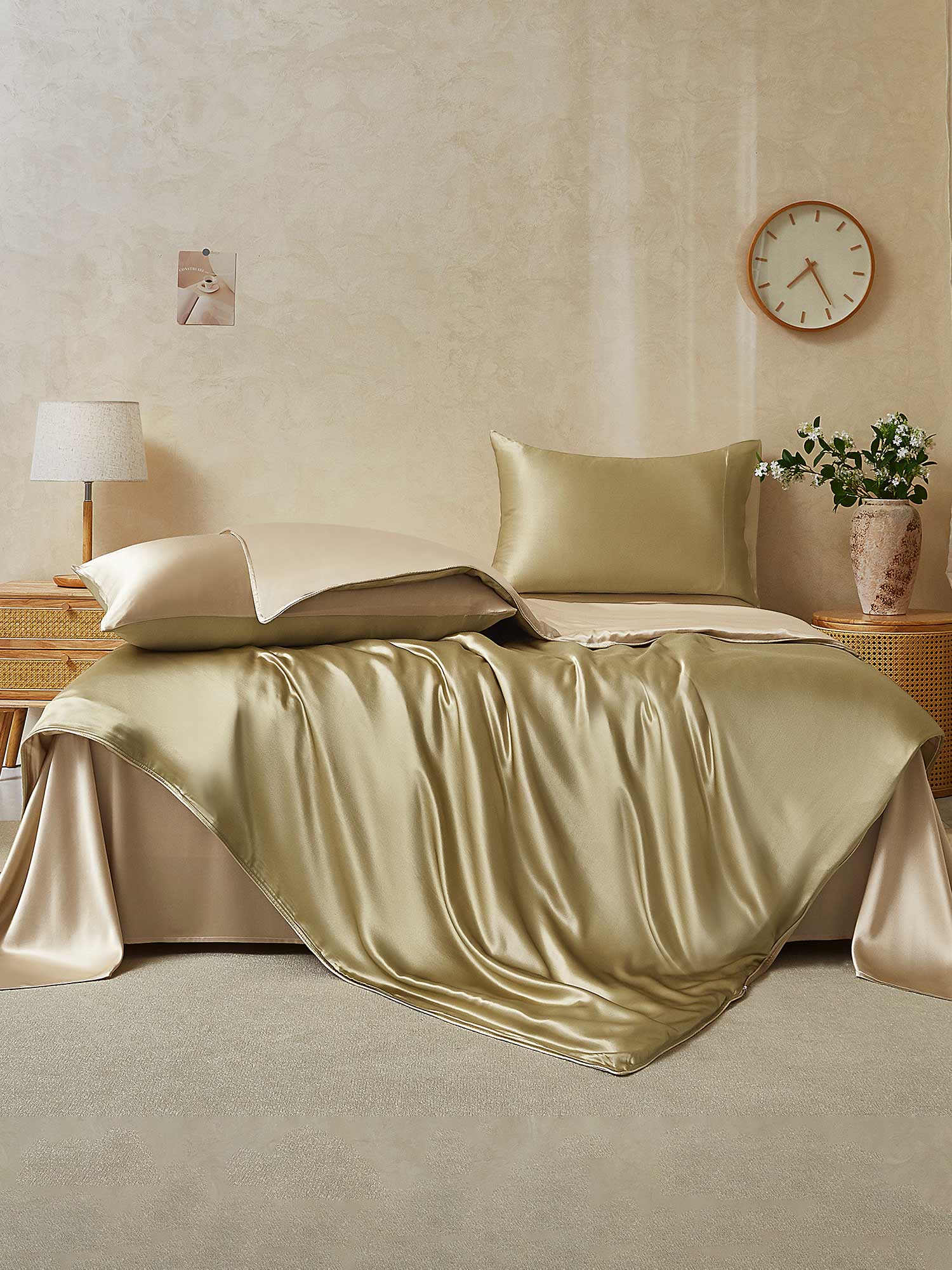 [Beige+Khaki] SilkSilky-AU 19Momme Pure Silk Bedding Set 002,