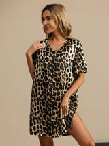 [Leopard] SilkSilky-AU Pure Silk Half Sleeve V Neck Nightgown 004