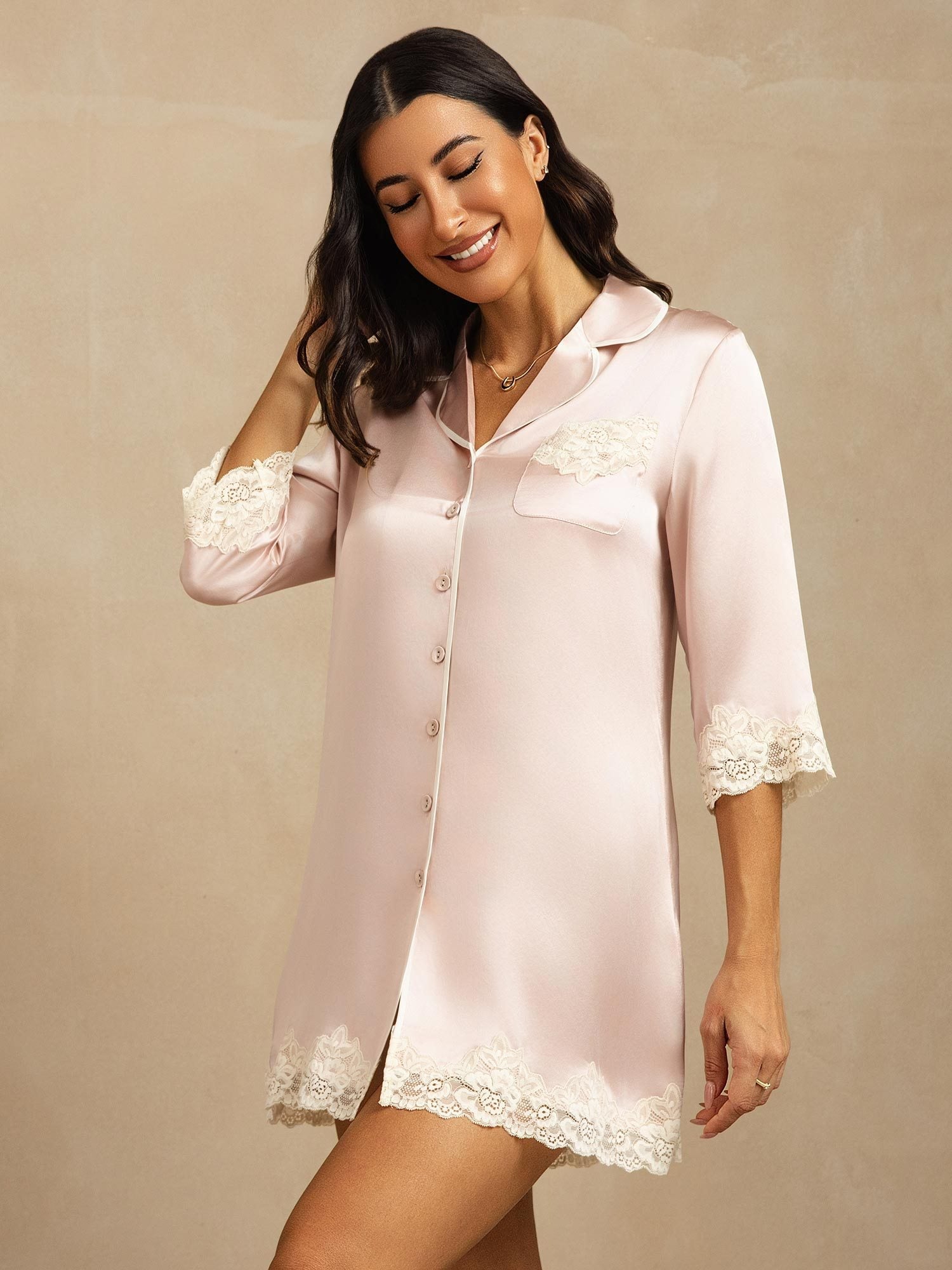 [Pink] SilkSilky-AU Pure Silk Lapel Collar Nightshirt 008