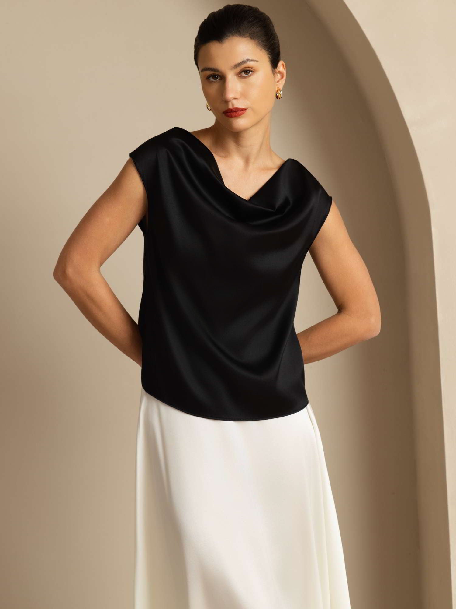 [Black] SilkSilky-AU 19Momme Silk Sleeveless Cowl Neck Women's T-Shirt 005