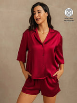 [Wine] SilkSilky-AU 19Momme Machine-Washable Silk Half Sleeve Notch Collar Women's Pyjamas 001