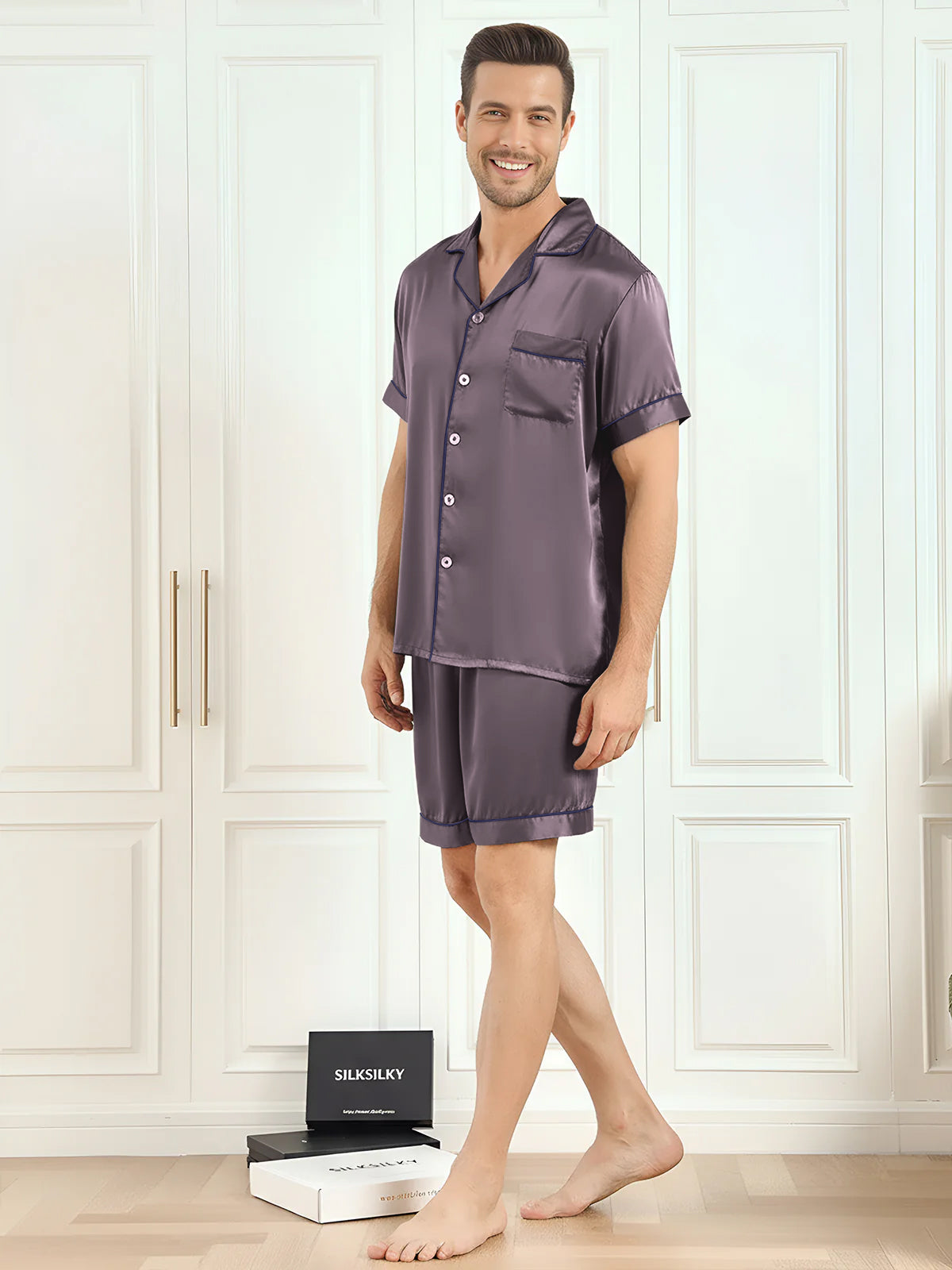[Purple Gray] SilkSilky-AU Pure Silk Mens Pajamas 005,