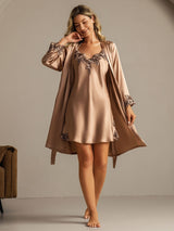 [Brown] SilkSilky-AU 3/4 Sleeve V Neck Nightgown&Dressing Gown Set 009