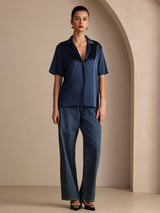 [Dark Blue] SilkSilky-AU Short Sleeve Notch Collar Women's Shirt 006