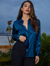 [Teal] SilkSilky-AU Long Sleeve Lapel Collar Women's Shirt 006