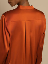 [Caramel] SilkSilky-AU 19Momme Stretch Silk Charmeuse Long Sleeve Stand Collar Blouse 004