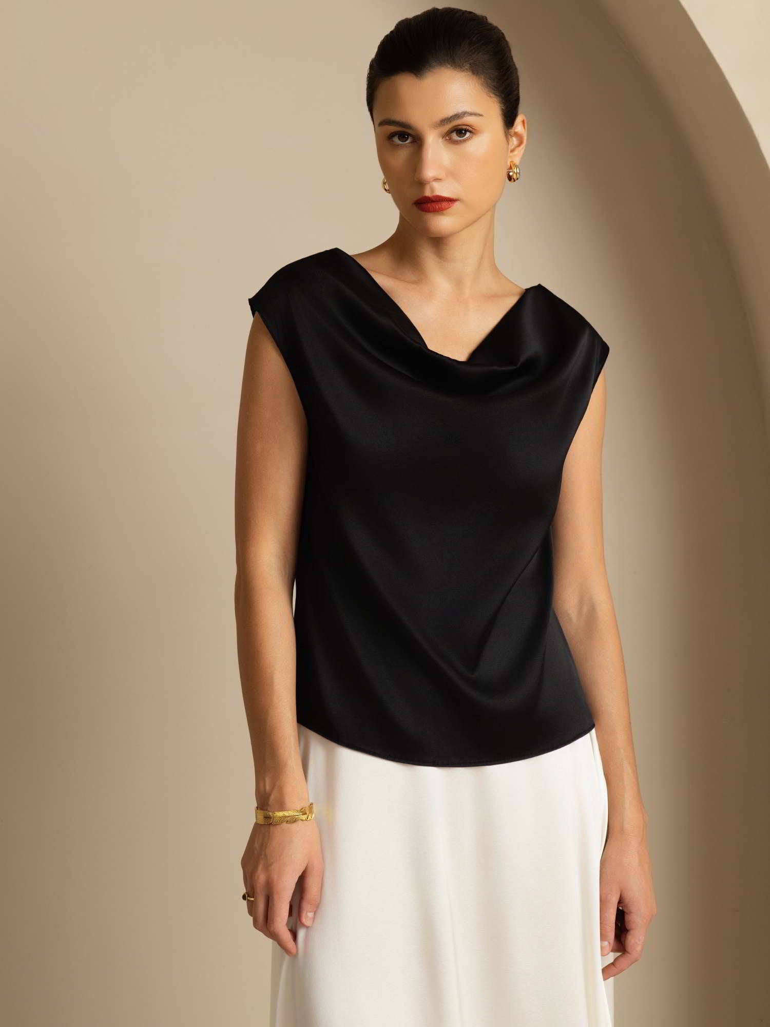 [Black] SilkSilky-AU 19Momme Silk Sleeveless Cowl Neck Women's T-Shirt 001