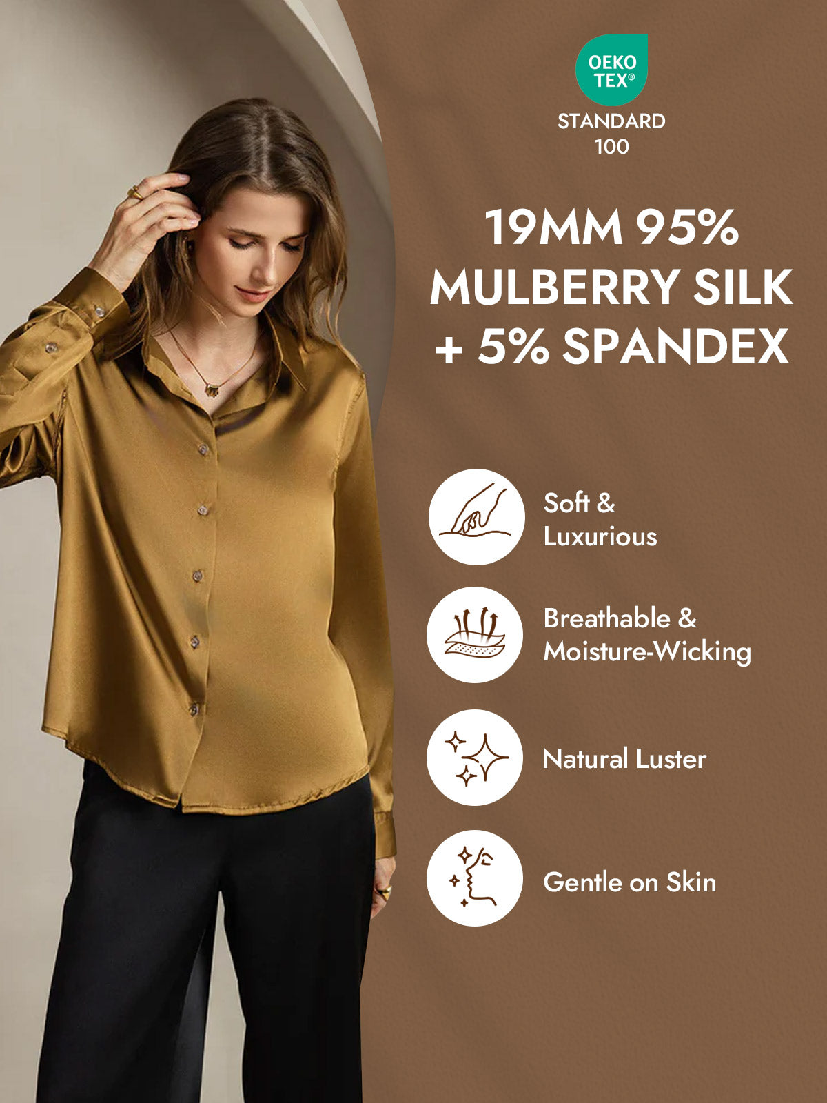 [Bronze] SilkSilky-AU Silk Long Sleeve Lapel Collar Women's Shirt 004